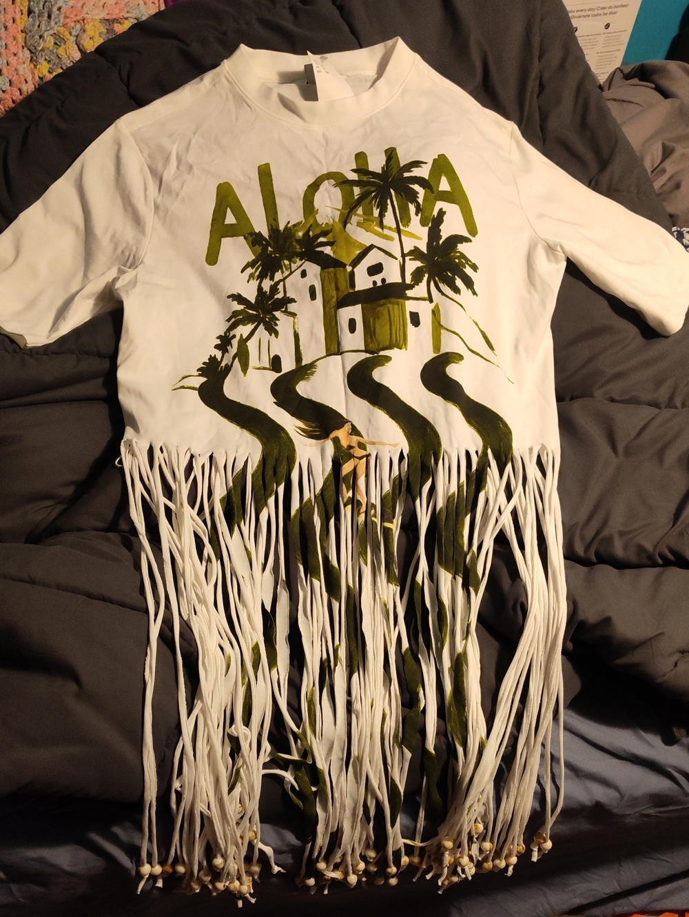 Aloha Fringe Graphic Top - White with Olive Green Print